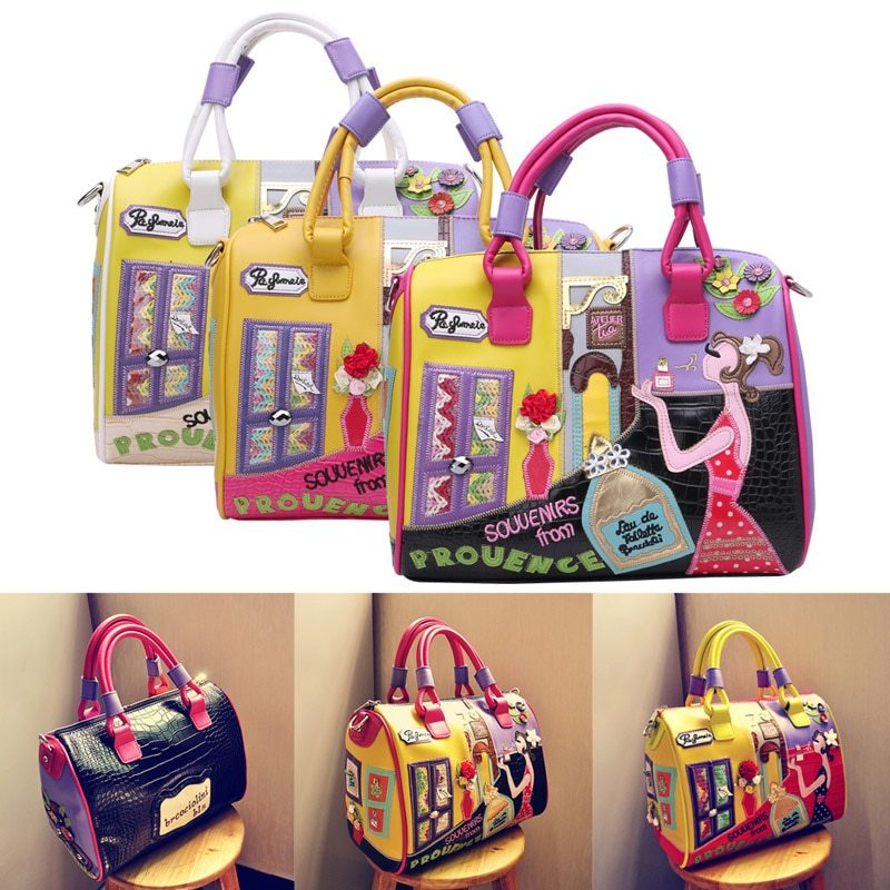 European and A merican Style Women Girl Solid Zipper Tote Cartoon Embroidery Messenger Travel Handbag Shoulder Bag - Image 4