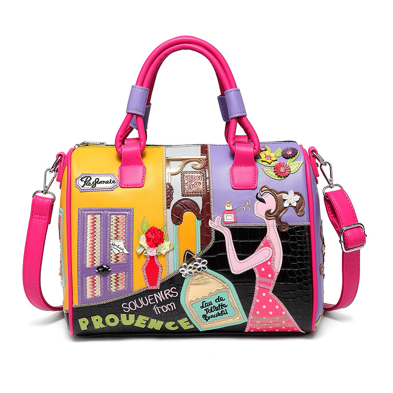 European and A merican Style Women Girl Solid Zipper Tote Cartoon Embroidery Messenger Travel Handbag Shoulder Bag - Image 6