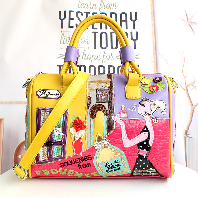 European and A merican Style Women Girl Solid Zipper Tote Cartoon Embroidery Messenger Travel Handbag Shoulder Bag - Image 5